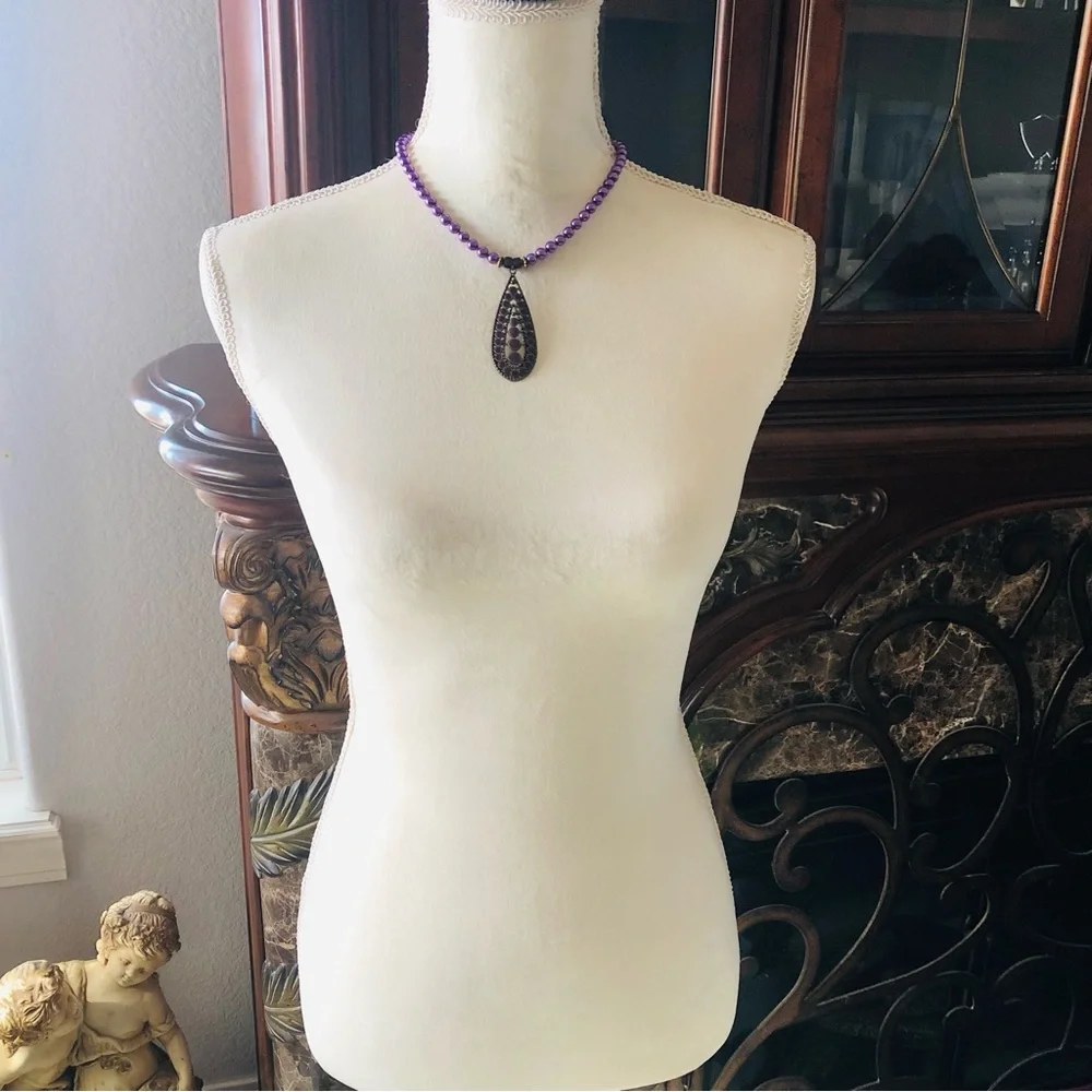 Handcrafted repurpose purple enamel raindrop pendant Czech glass Pearl necklace